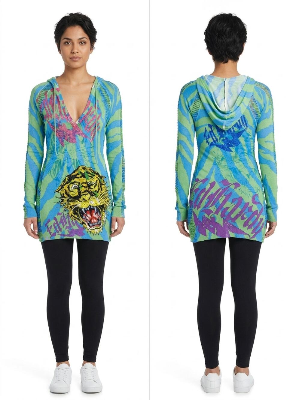 NWT Ed Hardy Blue Tiger Graphic Rhinestone Hooded Sweatshirt Women Size L